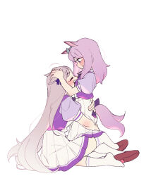 2girls animal_ears blush bow bowtie closed_eyes ears_back ggubii0225 gold_ship_(umamusume) grey_hair hand_on_another&#039;s_back hand_on_another&#039;s_ear headpat height_difference highres horse_ears horse_girl horse_tail hug long_hair mejiro_mcqueen_(umamusume) motion_lines multiple_girls open_mouth pleated_skirt puffy_short_sleeves puffy_sleeves purple_bow purple_bowtie purple_eyes purple_hair sailor_collar school_uniform shirt_tucked_in short_sleeves sitting skirt smile sweatdrop tail tracen_school_uniform umamusume very_long_hair waist_bow white_sailor_collar white_skirt yuri