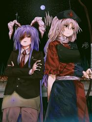 2girls absurdres animal_ears bandage_over_one_eye bandages black_eyes black_jacket blazer blood bloody_bandages bow_(weapon) constellation_print cross crossed_arms dress full_moon hat highres holding holding_bow_(weapon) holding_weapon jacket long_hair moon multicolored_dress multiple_girls muneate necktie night night_sky nurse_cap purple_hair rabbit_ears rabbit_girl red_cross red_eyes red_necktie reisen_udongein_inaba skirt sky touhou weapon white_hair yagokoro_eirin yellow_skirt yukine_0930