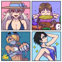 4girls akairiot bayonetta bayonetta_(series) bayonetta_2 bikini bikini_top_only black_hair breasts corrin_(female)_(fire_emblem) corrin_(fire_emblem) dark-skinned_female dark_skin fire_emblem fire_emblem_fates highres ice_climber large_breasts looking_at_viewer multiple_girls nana_(ice_climber) nintendo princess_zelda sheik small_breasts super_smash_bros. swimsuit the_legend_of_zelda the_legend_of_zelda:_ocarina_of_time