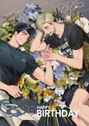 2boys absurdres apron black_hair black_pants black_shirt blonde_hair blue_flower brothers chinese_commentary closed_eyes commentary_request crew_neck dated english_text feet_out_of_frame flower grin haikyuu!! happy_birthday highres holding_hands leaf lying male_focus miya_atsumu miya_osamu multicolored_hair multiple_boys on_side open_mouth pants pink_flower plant pmzing shirt short_sleeves shorts siblings sideburns smile sportswear t-shirt teeth twins two-tone_hair upper_teeth_only volleyball_uniform white_flower