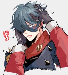 Rule 34 | !?, 2boys, ahoge, artist name, billy kid, black jacket, blue eyes, blue hair, blush, commentary request, cyborg, hair over one eye, hally, hand on another&#039;s cheek, hand on another&#039;s face, hand on another&#039;s head, highres, jacket, lapels, leather, leather jacket, lighter (zenless zone zero), long sleeves, looking at another, male focus, multiple boys, one eye covered, open mouth, parted bangs, pov, pov hands, red jacket, red scarf, scarf, short hair, signature, simple background, spikes, sunglasses, sweatdrop, teeth, toothpick, upper teeth only, v-shaped eyebrows, white background, wide-eyed, yaoi, zenless zone zero