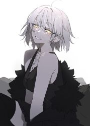 1girl ahoge bare_shoulders black_coat black_dress blush breasts coat dress fate/grand_order fate_(series) fur-trimmed_coat fur_trim grey_hair grin highres jeanne_d&#039;arc_alter_(avenger)_(fate) jeanne_d&#039;arc_alter_(fate) jeanne_d&#039;arc_alter_(ver._shinjuku_1999)_(fate) medium_breasts off_shoulder official_alternate_costume pale_skin ri_o_ne_su short_hair simple_background sitting sleeveless sleeveless_dress smile solo white_background