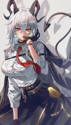 1girl absurdres biting biting_glove black_choker black_gloves black_horns black_jacket black_pants black_tail breasts button_gap chest_harness choker collared_shirt commentary cowboy_shot curled_horns demon_tail gloves goboogie hair_between_eyes harness high-waist_pants highres horns jacket jacket_on_shoulders large_breasts long_hair looking_at_viewer multicolored_hair necktie pants red_eyes red_necktie shirt shirt_tucked_in solo streaked_hair tail white_shirt wuthering_waves zani_(wuthering_waves)