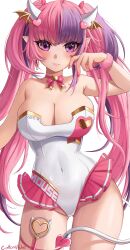 Rule 34 | 1girl, absurdres, artist name, blush, breasts, cleavage, covered navel, demon tail, hair ornament, head wings, heart, heart hair ornament, highres, horns, ironmouse, leotard, long hair, neck ribbon, parted lips, pink hair, pink nails, pink ribbon, pointy ears, purple eyes, purple hair, ribbon, solo, strapless, strapless leotard, symbol in eye, tail, velvet noir, virtual youtuber, vshojo, white background, white horns, white leotard, wings