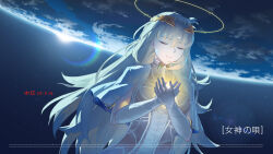 1girl agnes_claudel blonde_hair breasts capelet closed_eyes commentary dated dress eiyuu_densetsu elbow_gloves gloves hair_between_eyes hair_bun halo highres kai_no_kiseki kuro_no_kiseki_(series) large_breasts long_hair shui_qian_he_kafei single_side_bun smile solo space white_gloves