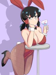 1girl alternate_costume animal_ears black_bow black_bowtie black_eyes black_hair black_shoes bow bowtie breast_rest breasts breasts_on_table brown_pantyhose cherry cili_(cookie) cleavage closed_mouth cocktail_glass commentary_request cookie_(touhou) cup detached_collar drinking_glass expressionless fake_animal_ears fake_tail fishnet_pantyhose fishnets food foot_out_of_frame fruit gomimaro hair_ornament hair_tubes hairclip hakurei_reimu hand_on_own_cheek hand_on_own_face high_heels highres large_breasts leotard looking_at_viewer low_ponytail pantyhose playboy_bunny ponytail purple_background rabbit_ears rabbit_tail shadow shoes short_hair simple_background solo strapless strapless_leotard table tail touhou wrist_cuffs