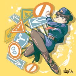 1girl blue_suit boots brown_hair formal_clothes hair_bun highres kamen_rider kamen_rider_drive_(series) necktie pantyhose pedestrians_only_sign red_necktie shijima_kiriko signpost solo suit ulingdeu yellow_background
