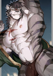 1boy abs animal_ear_fluff animal_ears ao_(chung0u0) arm_up armpits bara biceps black_fur black_hair black_male_underwear bulge claws commentary cross_scar english_commentary erection furry furry_male grin highres looking_at_viewer looking_down male_focus male_underwear muscular muscular_male navel nipples partially_undressed pectorals scar scar_on_chest scar_on_face scar_on_nose sdorica smile tiger_boy tiger_ears tiger_stripes underwear undressing yao_(sdorica)