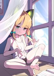 1girl 2025 \m/ absurdres animal_ear_headphones animal_ears artist_name barefoot behind_curtains black_panties blonde_hair blue_archive blunt_bangs book bow breasts camisole camisole_pull cat_ear_headphones cat_ears chinese_commentary closed_mouth clothes_pull cloud cloudy_sky collarbone commentary_request curtains dated day fake_animal_ears feet food full_body green_bow hair_bow headphones highres holding holding_food holding_popsicle holding_stick indoors knees loli looking_at_viewer low-tied_sidelocks melting_popsicle midori_(blue_archive) navel nipples no_halo no_pants one_breast_out open_book paid_reward_available panties parted_bangs pencil platinum-mix popsicle popsicle_stick pulling_own_clothes see-through_camisole see-through_clothes see-through_curtains short_hair sidelocks sitting sky small_breasts smile soles solo split_mouth spread_legs stick toes underwear white_camisole window window_shadow