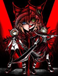 animal_hood black_souls black_souls_2 blonde_hair blue_eyes breasts cape character_request chengzilong8 cleavage dual_wielding fur-trimmed_hood fur_trim green_eyes highres holding holding_sword holding_weapon hood hood_up hooded_cape looking_at_viewer red_cape red_hood_(black_souls) reticle revealing_clothes sword symbol-shaped_pupils thighhighs weapon