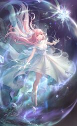 Rule 34 | 1girl, absurdly long hair, artist request, bare legs, bare shoulders, blunt bangs, breasts, brown eyes, cleavage, collar, detached collar, dot nose, dress, earth (planet), expressionless, floating, floating clothes, floating hair, frilled gloves, frills, full body, game cg, gloves, gown, guides of star (shining nikki), high heels, highres, light particles, long dress, long hair, looking at object, nikki (nikki), nikki (series), official art, parted lips, pink hair, planet, shining nikki, shoes, short sleeves, solo, space, sparkle, star (symbol), very long hair, wavy hair, white collar, white dress, white gloves, white shoes, winged shoes, wings