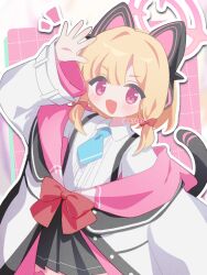 1girl :d animal_ear_headphones animal_ears anzen_robo_(474zz) aqua_necktie arm_up artist_name black_coat black_skirt black_tail blonde_hair blue_archive blunt_bangs blush bow buttons cat_ear_headphones cat_ears cat_tail checkered_background coat collared_shirt commentary cowboy_shot dot_nose fake_animal_ears fake_tail frilled_skirt frills hair_bow halo headphones hood hood_down hooded_coat long_sleeves looking_at_viewer low-tied_sidelocks medium_hair momoi_(blue_archive) multicolored_coat necktie notice_lines off_shoulder open_clothes open_coat open_hand open_mouth outline palms parted_bangs pink_background pink_coat pink_eyes pink_halo pleated_skirt red_bow school_uniform shirt sidelocks skirt smile solo spread_fingers suspender_skirt suspenders tail twitter_username two-sided_coat two-sided_fabric white_coat white_outline white_shirt wide_sleeves