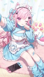1girl ;p absurdres ahoge animal_ears apron blue_bow blue_jacket blue_leggings blue_skirt blush bow breasts cat_ears cleavage_cutout clothing_cutout commentary_request curtains floor hair_bow hair_ornament heart heart_hair_ornament highres indie_virtual_youtuber jacket jersey_maid large_breasts leggings long_hair looking_at_viewer maid maid_headdress miyayoki nintendo_switch one_eye_closed paw_pose pink_eyes pink_hair rug skirt sleeves_rolled_up solo tenshi_kaiwai tongue tongue_out two_side_up unconventional_maid virtual_youtuber waist_apron white_apron wing_collar yuuki_sakuna zipper
