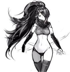 1girl alternate_costume arm_guards armor armpits assassin black_gloves breasts elbow_gloves expressionless fingerless_gloves gloves greyscale hair_ornament hair_over_one_eye holding holding_sword holding_weapon long_hair looking_at_viewer medium_breasts monochrome navel original pointy_ears scarf shadow_dancer_(dungeon_and_fighter) shiny_skin shuriken sideboob solo sword thief_(dungeon_and_fighter) thighhighs torn_clothes underwear underwear_only very_long_hair weapon zipper