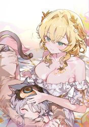 Rule 34 | 0202ase, 2girls, absurdres, aglaea (honkai: star rail), animal ear fluff, animal ears, bare shoulders, blonde hair, blush, breasts, brown shirt, cat ears, cat girl, cat tail, cipher (honkai: star rail), cleavage, closed eyes, closed mouth, dress, green eyes, grey hair, hair between eyes, headpat, highres, honkai: star rail, honkai (series), large breasts, long hair, multiple girls, shirt, sidelocks, smile, tail, white dress
