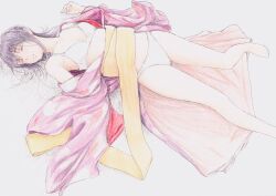 Rule 34 | 1girl, absurdres, barefoot, bbmasa, bra, breasts, cleavage, closed eyes, closed mouth, commentary request, foot out of frame, from above, gradient background, grey background, hibike! euphonium, highres, japanese clothes, kimono, liz to aoi tori, long hair, lying, medium breasts, obi, on back, open clothes, open kimono, panties, pink kimono, sash, sleeping, solo, thighs, traditional media, underwear, white bra, white panties, yoroizuka mizore