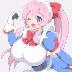 1girl :d apron blue_dress blue_eyes bow breasts dress gloves grey_background hair_bow highres koutetsu_tenshi_kurumi kurumi_(koutetsu_tenshi_kurumi) large_breasts long_hair looking_at_viewer maid maid_apron maid_headdress one_eye_closed open_mouth pink_hair ponytail red_bow shirogane_hakuba simple_background smile solo upper_body white_apron white_gloves