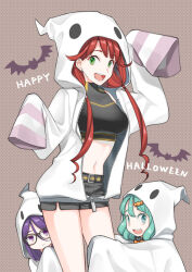 3girls arms_up bare_legs bat_background belt candy_hair_ornament cropped_legs curly_hair food-themed_hair_ornament ghost_costume glasses green_hair hair_between_eyes hair_ornament halloween hood hoodie hugging_another&#039;s_leg kohinata_iroha long_hair low_twintails midriff multiple_girls navel open_clothes original purple_hair reach-around red_hair shorts tank_top twintails