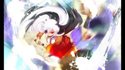 1girl absurdres attack black_cape breasts brown_jacket cape eyepatch game_cg highres holding holding_umbrella jacket large_breasts necktie non-web_source official_art oil-paper_umbrella pillarboxed red_eyes red_necktie red_skirt senran_kagura senran_kagura_shoujo-tachi_no_shin&#039;ei shirt shuriken_hair_ornament skirt solo twintails umbrella white_hair white_shirt yaegashi_nan yagyu_(senran_kagura)