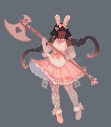 1girl animal_ears apron artist_name axe barbarian black_hair bow braid charm_(object) commentary commission dark-skinned_female dark_skin dress elbow_gloves english_commentary fake_animal_ears frilled_dress frills gloves grey_background hair_bow holding holding_axe lolita_fashion long_hair missusruin original pantyhose pink_dress pink_pantyhose pink_shoes polearm rabbit_ears red_eyes shoes simple_background solo standing sweet_lolita tachi-e twin_braids twintails very_dark_skin very_long_hair weapon white_apron white_gloves
