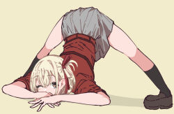 1girl ankle_socks black_socks blonde_hair brown_shoes dress grey_dress hair_ornament hair_ribbon highres jack-o&#039;_challenge loafers looking_at_viewer lycoris_recoil lycoris_uniform nishikigi_chisato one_eye_closed one_side_up panyatteria red_dress red_eyes red_ribbon ribbon shoes short_hair short_sleeves socks solo spread_legs thighs top-down_bottom-up two-tone_dress yellow_background