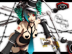 1girl 3d barbed_wire bent_over breasts calne_ca_(deino) deino_(deino3330) drill_hair female_focus fish guitar hat heterochromia highres instrument mini_hat mini_top_hat necktie solo standing top_hat white_background