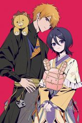 1boy 1girl black_hair bleach blush closed_mouth couple g_ieep hair_between_eyes highres japanese_clothes kimono kon_(bleach) kuchiki_rukia kurosaki_ichigo long_sleeves looking_at_viewer orange_hair purple_eyes short_hair simple_background smile