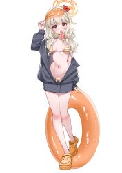 Rule 34 | 1girl, absurdres, aoba (blue archive), arm at side, bare shoulders, bikini, blonde hair, blue archive, blush, breasts, crocs, flower, food, food in mouth, food on body, food on breasts, hair flower, hair ornament, halo, hand on headwear, highres, jacket, long sleeves, looking at viewer, low ponytail, midriff, narrow waist, open clothes, open jacket, orange halo, ponytail, pool float, popsicle, red eyes, simple background, small breasts, solo, striped bikini, striped clothes, sweat, swimsuit, thigh gap, thighs, visor cap, wfa5051, white background