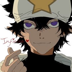 Rule 34 | 1boy, aotu world, bandana, black hair, black shirt, chinese commentary, closed mouth, english text, finger heart, hair between eyes, hand up, headband, heart, hood, hood down, hooded jacket, jacket, looking at viewer, lowres, male focus, pointy ears, portrait, purple eyes, ray (aotu world), shirt, simple background, smile, solo, star (symbol), star print, tang elen, turtleneck, white background, white headband, white jacket