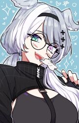 1girl :d aqua_eyes black_hairband blush breasts chest_harness cross-shaped_pupils elira_pendora elira_pendora_(goth) fangs glasses grey_hair hair_intakes hairband harness head_wings heterochromia large_breasts long_hair looking_at_viewer low_twintails mole mole_on_armpit nijisanji nijisanji_en open_mouth oto_(evilmonksan) purple_eyes smile solo symbol-shaped_pupils twintails virtual_youtuber wings