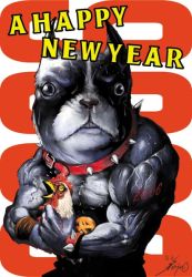 1boy 2006 bird chicken chinese_zodiac collar dog happy_new_year male_focus muscular new_year nottsuo original signature snot solo what year_of_the_dog year_of_the_rooster