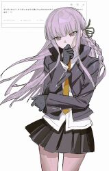 1girl black_gloves black_ribbon black_skirt braid collared_shirt danganronpa:_trigger_happy_havoc danganronpa_(series) deezydays gloves hair_ribbon highres jacket kirigiri_kyoko long_hair long_sleeves miniskirt necktie open_clothes open_jacket pink_hair ribbon shirt side_braid skirt smile solo translation_request white_background white_shirt