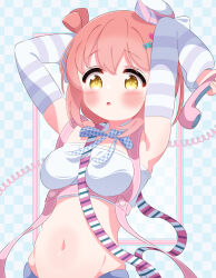 1girl antenna_hair arms_behind_head arms_up blue_background blue_pants blue_ribbon blush breasts checkered_background corded_phone denim detached_collar detached_sleeves hair_ornament hat heart heart_hair_ornament highres holding holding_phone ichinose_hana jeans long_sleeves looking_at_viewer medium_breasts midriff mini_hat navel neck_ribbon open_mouth pants phone pink_hat plaid_ribbon r245 red_hair ribbon shirt short_hair slow_start standing strapless striped_clothes striped_hat striped_sleeves tube_top white_shirt yellow_eyes