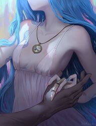 blue_hair body_blush body_freckles commentary dress ekko_(league_of_legends) english_commentary freckles highres jewelry jinx_(league_of_legends) long_hair nail_polish necklace prosthetic_finger see-through_clothes see-through_dress tattoo very_long_hair white_dress