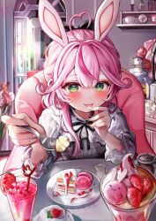 1girl ahoge animal_ears black_ribbon cake couch cup dress drinking_straw finger_to_tongue flower food fork fruit green_eyes heart heart_ahoge highres holding holding_fork incoming_food indie_virtual_youtuber looking_at_viewer macaron mochizuki_nako multicolored_hair parfait pink_hair pink_nails plaid_clothes plaid_dress rabbit_ears rabbit_girl rachip ribbon strawberry strawberry_shortcake streaked_hair tongue tongue_out white_sleeves yellow_nails