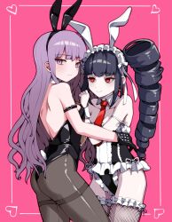 2girls animal_ears ass bare_shoulders black_gloves black_hair black_leotard brown_pantyhose celestia_ludenberg collarbone commentary danganronpa:_trigger_happy_havoc danganronpa_(series) detached_collar drill_hair english_commentary fake_animal_ears fishnet_thighhighs fishnets frilled_leotard frills gloves highres kirigiri_kyoko leotard long_hair looking_at_viewer looking_to_the_side multiple_girls n0_image pantyhose pink_background pink_eyes pink_hair playboy_bunny rabbit_ears red_eyes simple_background thighhighs twin_drills twintails