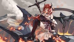 Rule 34 | 1girl, arknights, ashes, ass, bare shoulders, black dress, black horns, black thighhighs, breasts, chain, chest strap, cleavage, closed mouth, cloud, collar, demon, demon girl, demon horns, detached collar, dress, expressionless, full body, giant, grey sky, hair between eyes, hair intakes, high heels, highres, holding, holding staff, holding weapon, horns, id card, infection monitor (arknights), jacket, large breasts, lava, long hair, long sleeves, lonki, looking at viewer, mountain, purple eyes, red hair, rhodes island logo (arknights), scenery, sitting, sky, snow, solo, spiked collar, spikes, staff, strap, surtr&#039;s golem (arknights), surtr (arknights), thigh strap, thighhighs, very long hair, volcano, weapon