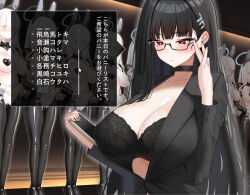 6+girls absurdres adjusting_eyewear android animal_ears black_bra black_choker black_hair black_jacket black_leggings black_nails blue_archive bra breasts bright_pupils choker cleavage collarbone glasses halo heart_pasties highres holding holding_tablet_pc jacket large_breasts leggings mizikayo multiple_girls navel noa_(blue_archive) parted_lips partially_unbuttoned pasties production_line rabbit_ears red_eyes rio_(blue_archive) solo_focus speech_bubble tablet_pc translation_request underwear white_pupils
