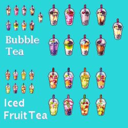 blue_background bubble_tea commentary cup drink english_commentary english_text food food_focus food_name fruit iced_tea no_humans original pixel_art simple_background yuuki_mokuya