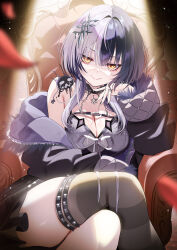 Rule 34 | 1girl, armchair, belt, black belt, black choker, black coat, black dress, black hair, black thighhighs, blurry, blurry foreground, breasts, chair, chest belt, choker, cleavage, closed mouth, coat, commentary request, commission, crossed legs, dress, elbow rest, falling petals, fur-trimmed coat, fur trim, grey hair, hair between eyes, hair ornament, highres, hololive, hololive english, jewelry, large breasts, light particles, long hair, long sleeves, looking at viewer, multicolored hair, multiple rings, off shoulder, on chair, open clothes, open coat, petals, piyopoyo, ring, shiori novella, shiori novella (1st costume), sitting, skeb commission, smile, solo, split-color hair, spotlight, striped clothes, striped thighhighs, studded thigh strap, thigh strap, thighhighs, two-tone hair, virtual youtuber, yellow eyes, yorick (shiori novella)