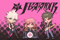 Rule 34 | 1girl, 2boys, :d, alternate costume, arm tattoo, bare shoulders, bass guitar, black pants, black shoes, black vest, breasts, brown eyes, brown hair, danganronpa (series), danganronpa 2: goodbye despair, drum, drumsticks, earrings, electric guitar, grey eyes, guitar, heterochromia, hinata hajime, holding, holding drumsticks, holding guitar, holding instrument, holding microphone, instrument, jewelry, komaeda nagito, long hair, looking at viewer, microphone, microphone stand, mole, mole on breast, multiple boys, music, nanami chiaki, necklace, open clothes, open mouth, open vest, pants, pink background, pink eyes, playing guitar, playing instrument, red eyes, shirt, shoes, short hair, sitting, smile, suika no9, tattoo, vest, white shirt