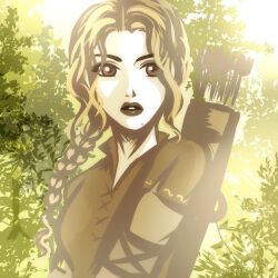 Rule 34 | 1girl, arrow (projectile), artist name, braid, brown eyes, cinemairon, collar, eyelashes, female focus, forest, haleth, long hair, looking at viewer, mole, nature, outdoors, parted bangs, parted lips, plant, quiver, solo, the silmarillion, tolkien&#039;s legendarium, tree, upper body