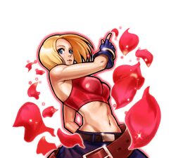 1girl blue_eyes blue_mary breasts curvy female_focus flower large_breasts looking_at_viewer petals rose rose_petals shirt short_hair tank_top the_king_of_fighters wide_hips