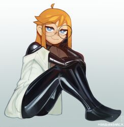 Rule 34 | 1girl, ahoge, black bodysuit, blue eyes, bodysuit, borrowed character, commission, freckles, glasses, highres, knees up, latex, latex bodysuit, long hair, looking at viewer, maridiansnack, orange hair, original, oversized clothes, oversized shirt, round eyewear, shirt, siri jay, sitting, smile, solo, white shirt