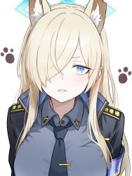 1girl animal_ears bamboo_tac blonde_hair blue_archive blue_eyes breasts dog_ears extra_ears hair_over_one_eye halo highres kanna_(blue_archive) large_breasts long_hair long_sleeves looking_at_viewer paw_print sharp_teeth solo teeth