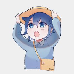 1boy adjusting_clothes adjusting_headwear aged_down aoyama_kazuki bag blue_eyes blue_hair blue_shirt child cropped_torso hair_between_eyes hat liam1234_d male_focus open_mouth shirt shoulder_bag simple_background solo teeth tribe_nine twitter_username upper_teeth_only white_background yellow_bag yellow_hat