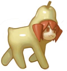1girl :3 chibi chibi_only closed_mouth creature food fruit full_body kasane_teto kasane_teto_(utau) looking_ahead painterly pear pearto rainbowdeww red_eyes red_hair solo utau walking white_background