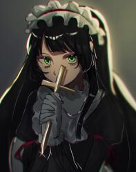 1girl alternate_costume black_hair blunt_bangs cross fgscgwoyja32310 green_eyes heaven_burns_red long_hair looking_at_viewer natsume_inori nun ponytail solo straight_hair