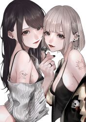 Rule 34 | 2girls, aegyo sal, barbell piercing, bare shoulders, black bra, black camisole, black eyes, black jacket, black nails, bra, breasts, brown hair, camisole, candy, cleavage, closed mouth, commentary request, crescent tattoo, cropped sweater, ear chain, ear piercing, earrings, eyelashes, eyeliner, flower ring, food, from side, glitter makeup, grey background, grey hair, grey sweater, heads together, highres, holding, holding candy, holding food, holding lollipop, jacket, jacket partially removed, jewelry, letterman jacket, linked piercing, lipstick, lollipop, long hair, long sleeves, looking at viewer, makeup, mano aaa, medium breasts, mole, mole on breast, multiple girls, nail polish, off-shoulder sweater, off shoulder, original, parted lips, piercing, red lips, short hair, shoulder tattoo, simple background, single sidelock, stud earrings, sun symbol, sun tattoo, sweater, swept bangs, tan, tattoo, torn clothes, torn sweater, underwear, upper body, whale tattoo, yuri, zipper