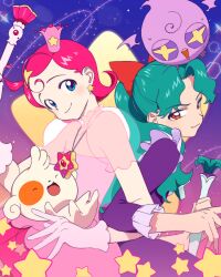 2girls antenna_hair back-to-back blue_eyes bow closed_mouth comet_(comet-san) commentary_request cosmic_baton_girl_comet-san creature crown dress earrings flipped_hair frilled_dress frilled_sleeves frills gloves green_hair hair_bow hair_ornament hk_(hk_0507) holding holding_wand jewelry locked_arms long_hair long_sleeves magical_girl meteor_(comet-san) mini_crown multiple_girls necklace orange_eyes parted_bangs pink_crown pink_dress pink_gloves pink_hair puffy_short_sleeves puffy_sleeves purple_dress red_bow see-through_clothes see-through_sleeves short_hair short_sleeves smile star_(symbol) star_earrings star_hair_ornament star_necklace tilted_headwear wand